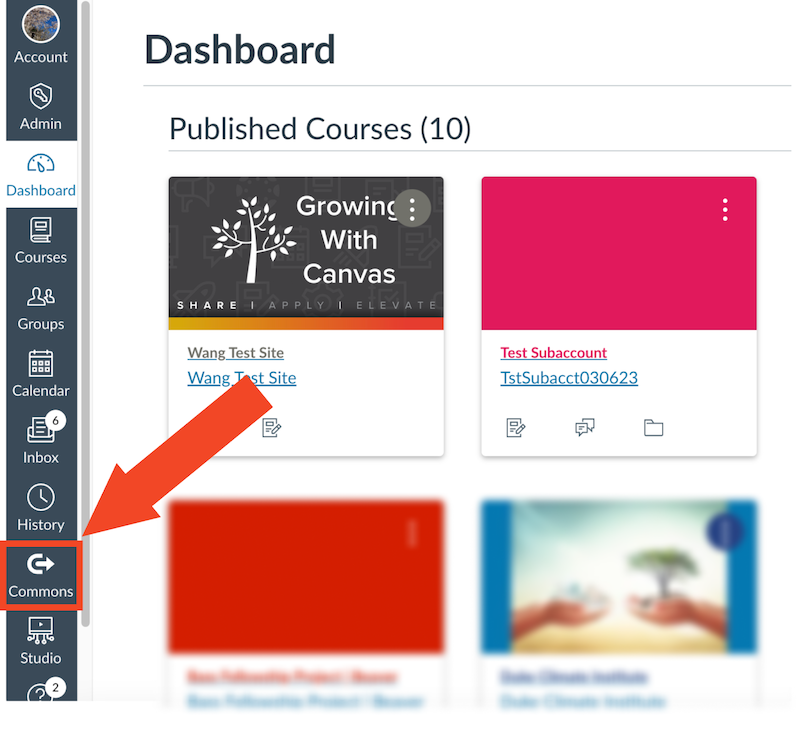 Canvas dashboard showing Commons button